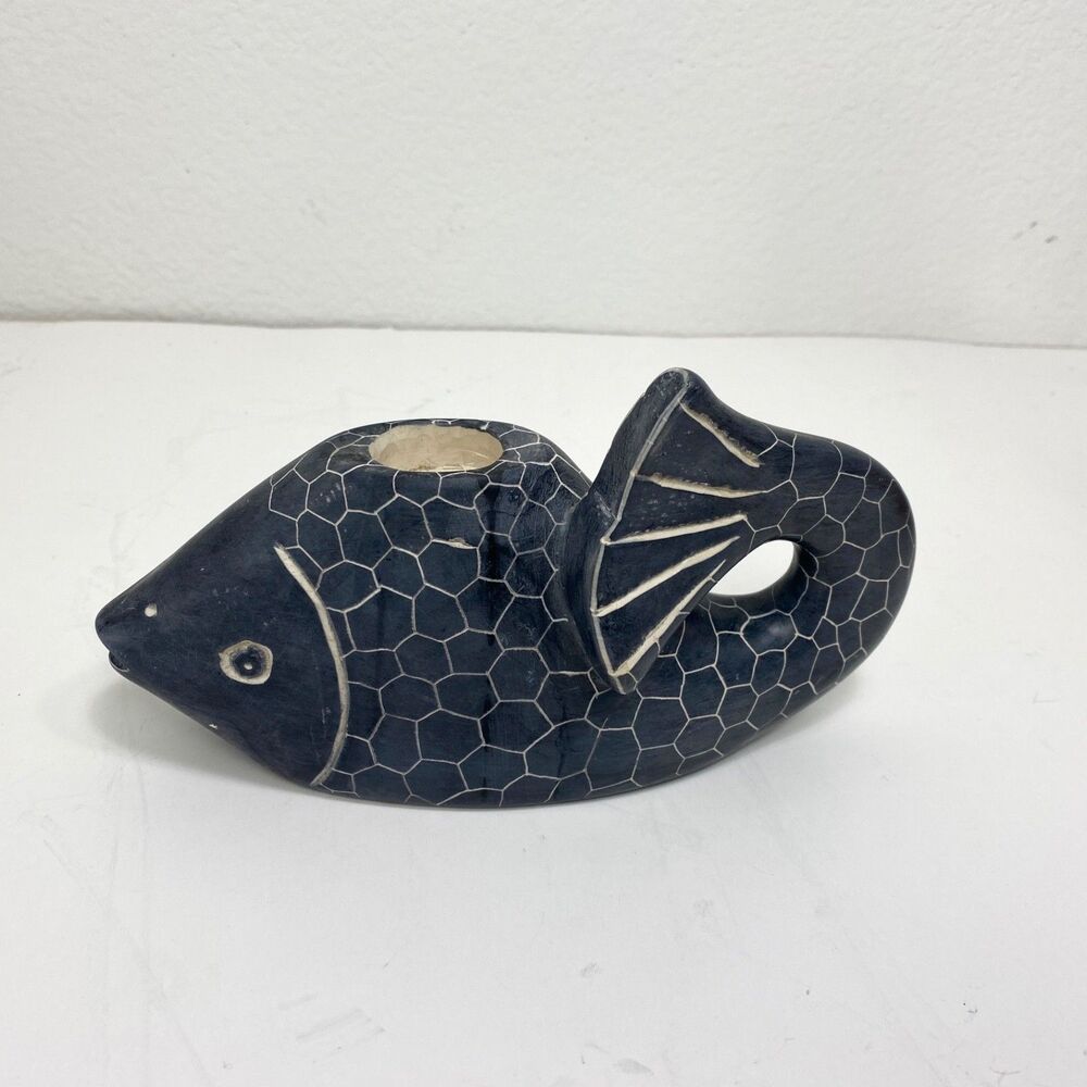 Black Vintage Hand Carved Plaster Fish Candle Holder Paperweight Signed AHL 1988